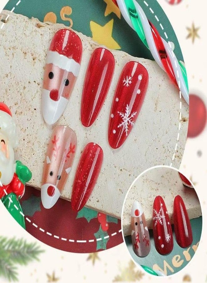 Sevgob 24Pcs Christmas Press on Nails Red Cat Eye Medium Almond Fake Nails with Santa Claus Design Elk Glue on Nail Snowflakes False Nail Press ons Reusable Christmas Nails for Women Girls Manicure - Image 4